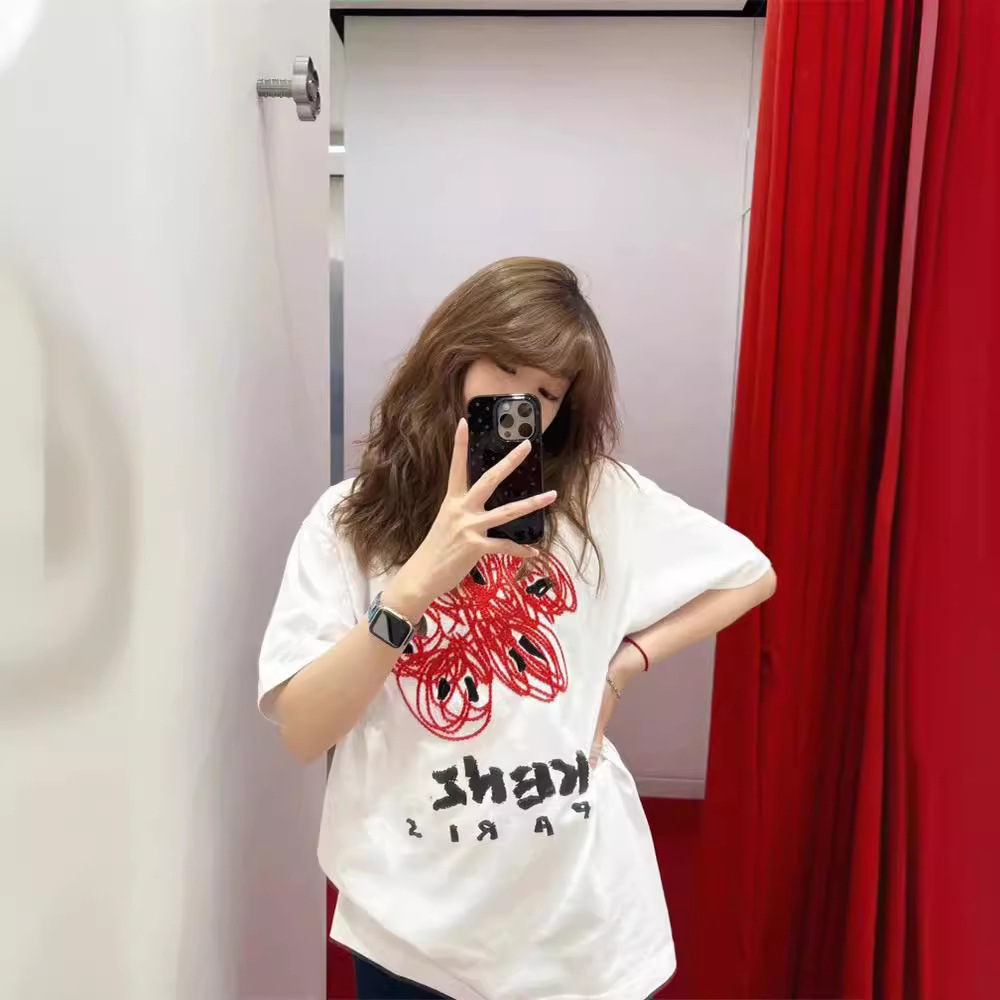 明星同款短袖t恤女2024新款夏季潮牌小众中长款宽松百搭花朵图案