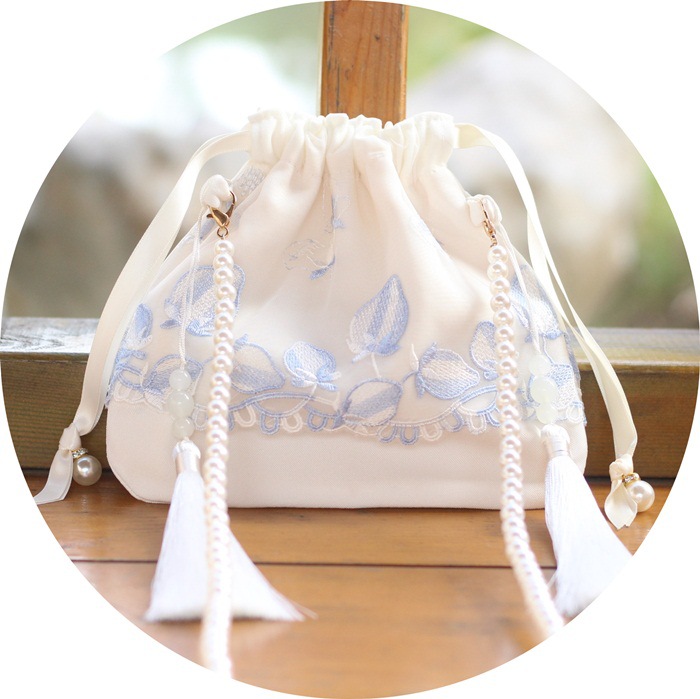 女童古装包包女孩斜挎包古风珍珠抽带汉服荷包桃子蕾丝中国风布包