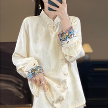 新中式丝绸真丝2024春夏季女装新款缎面刺绣盘扣长袖衬衫暗花上衣