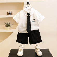 男童短袖套装2024年夏季中小童洋气韩版衬衫学院风帅气礼服三件套