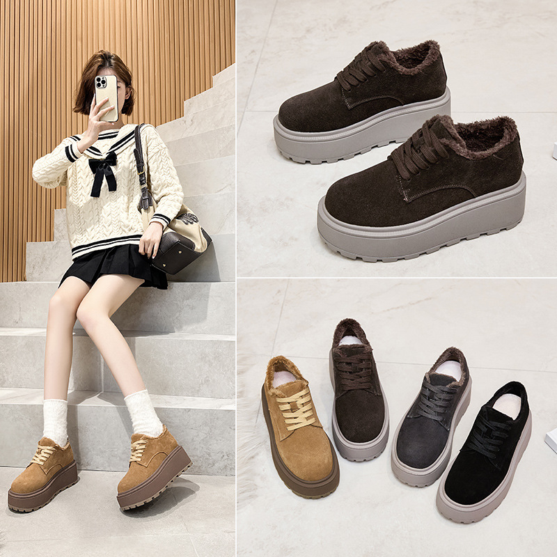 2024秋冬真皮厚底豆豆鞋加绒博肯鞋大头休闲单鞋松糕鞋乐福鞋复古