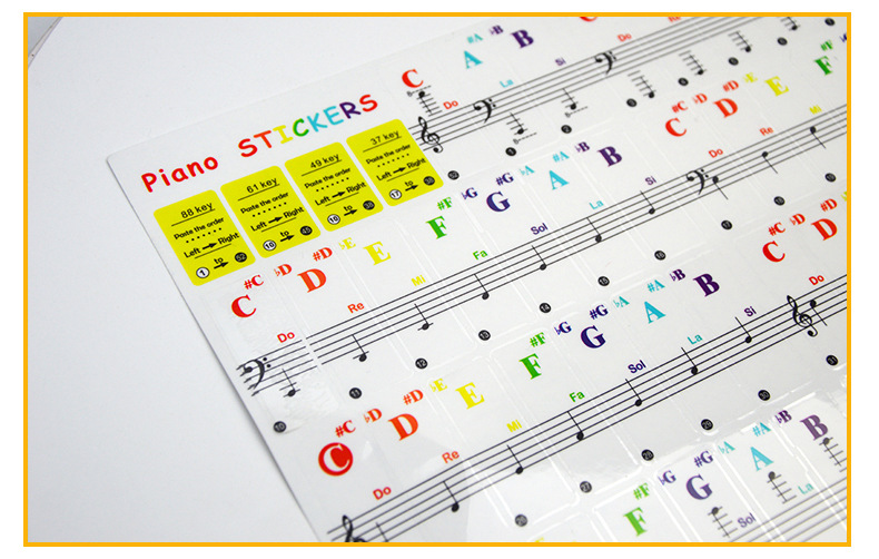 彩色钢琴贴纸 五线谱自学钢琴键盘贴纸通用 电子琴音标贴88贴批发