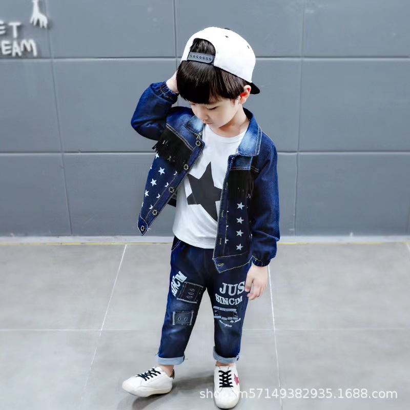 Children's 2023 New Spring and Autumn Clothing Children's Korean-Style Denim Suit Infant Fashion Three-Piece Set One-Piece Delivery Baby Clothes