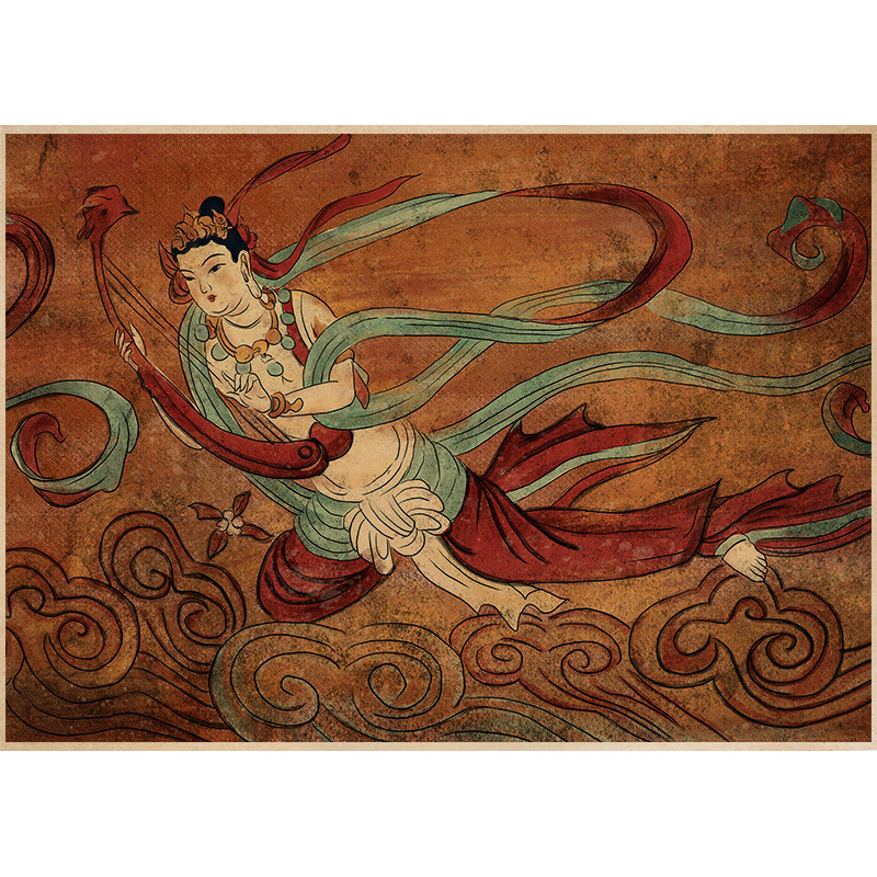 敦煌飞天唯美壁画海报奶茶店咖啡厅宿舍茶餐厅装饰墙贴挂画