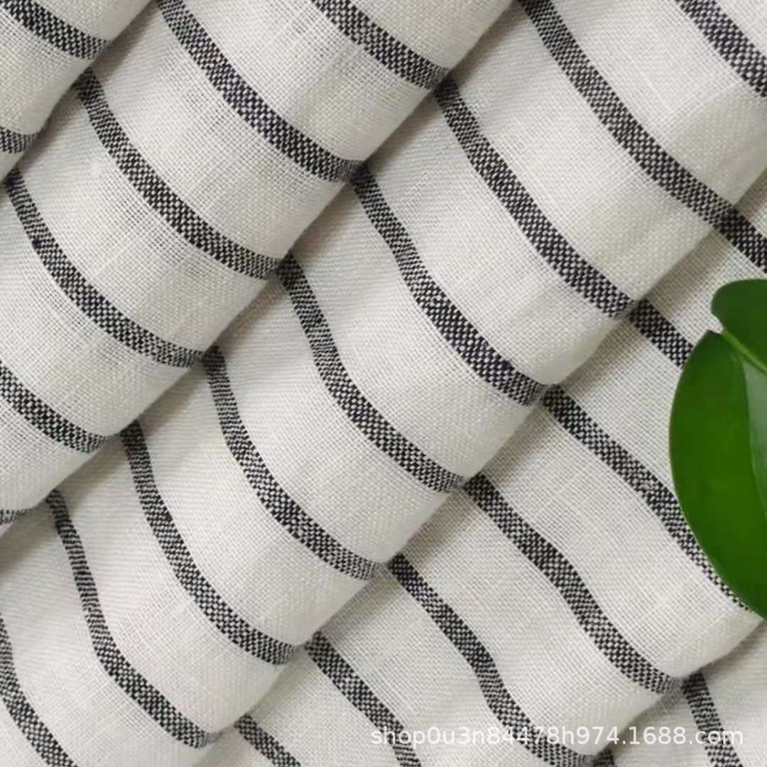 纯亚麻黑白宽条纹床品面料 100% linen 横条纹酵素洗面料 窗帘布