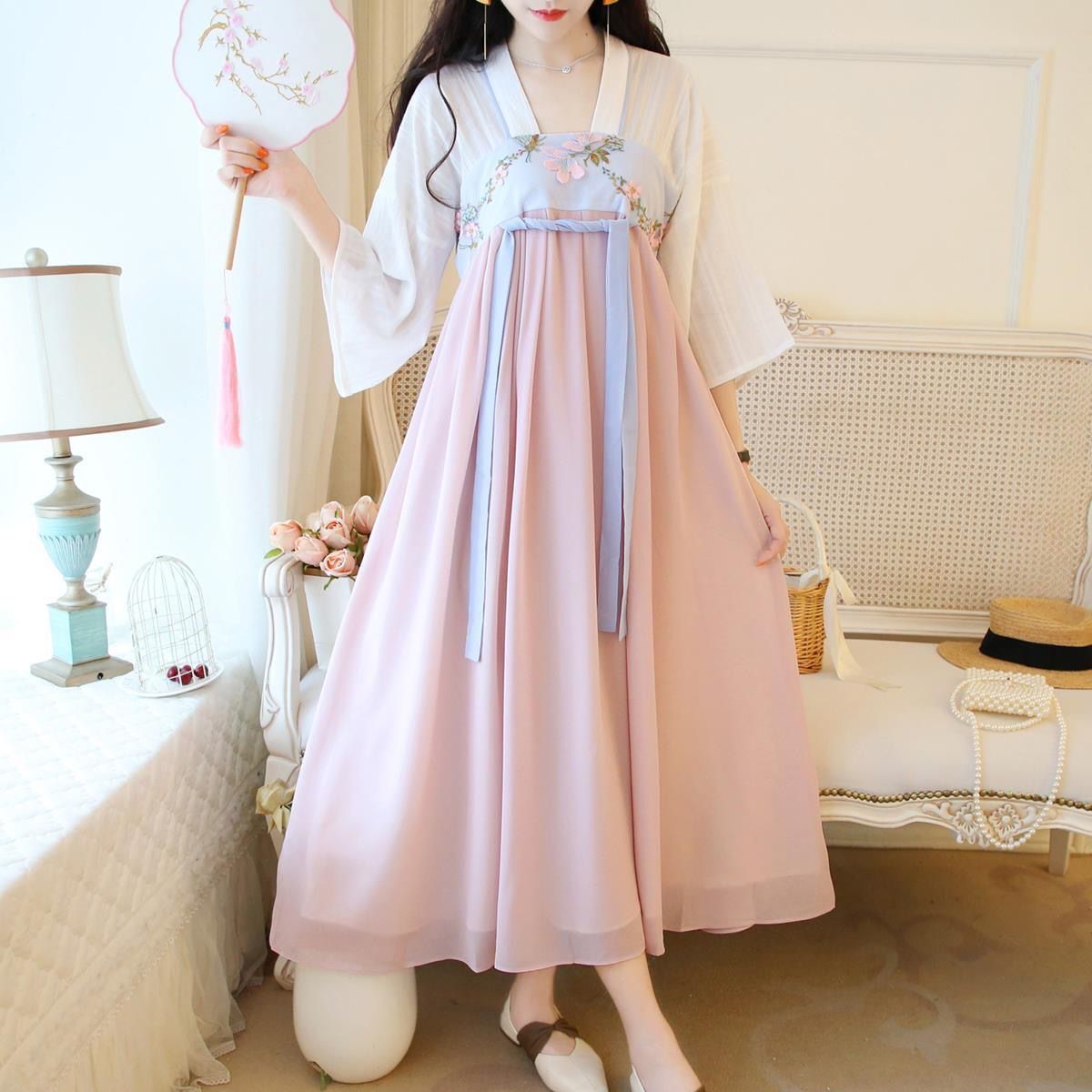 改良汉服连衣裙女襦裙夏季新款绣花古风仙女高腰中袖雪纺中长裙