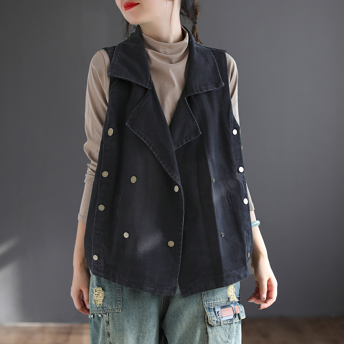 文艺复古棉牛仔背心女士21初秋新款大码宽松翻领无袖马甲