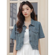 新中式国风盘扣短袖牛仔衬衫女夏季新款氛围感休闲短外套气质上衣