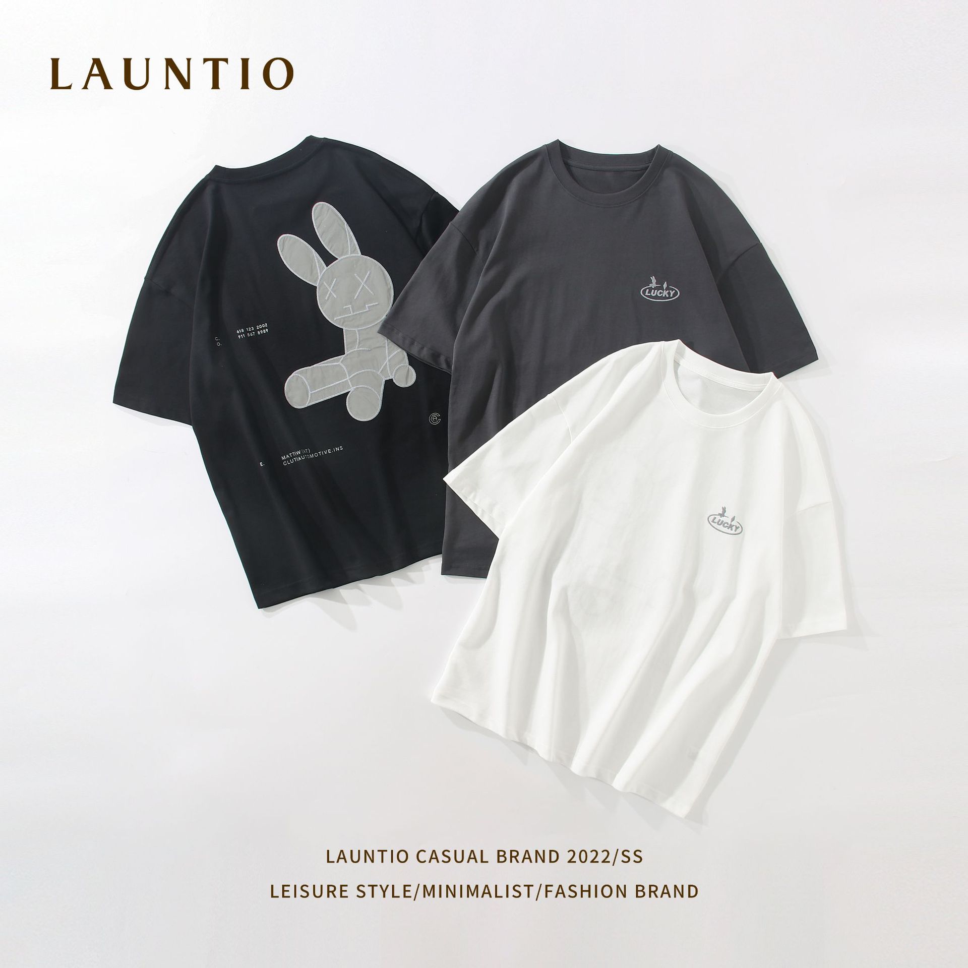 龙之日潮重磅2022夏260g潮牌短袖男反光兔子贴布男女同款纯棉t恤