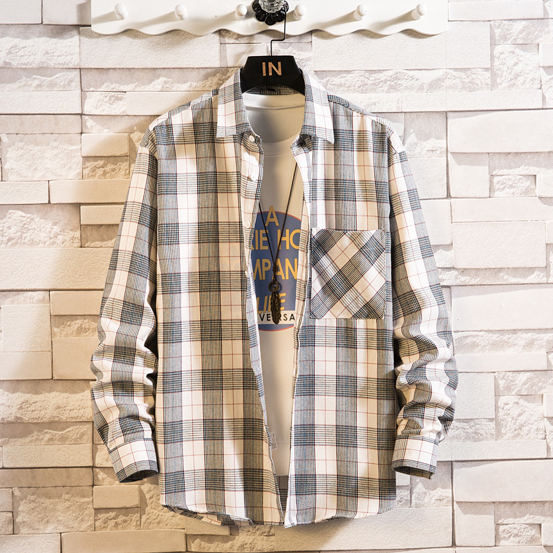 2021秋季外贸新款男士日系休闲格子长袖衬衫时尚男装宽松翻领衬衣