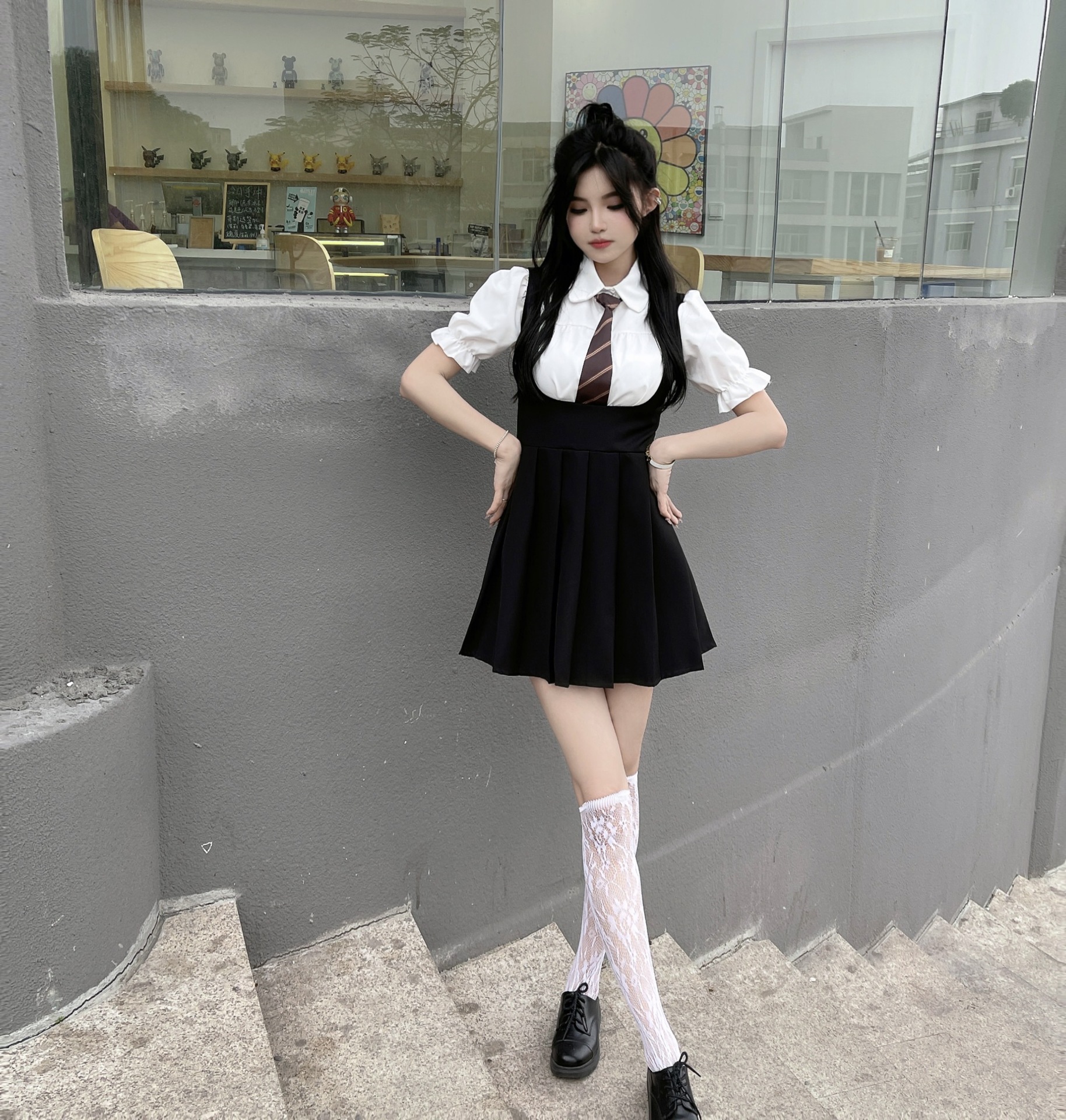 小黑裙背带连衣裙女夏辣妹jk制服吊带百褶裙 泡泡袖衬衫两件套装