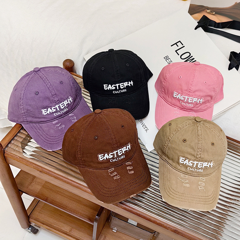 逸漪做旧破洞牛仔布棒球帽女男新款街头韩版情侣潮牌字母刺绣鸭舌