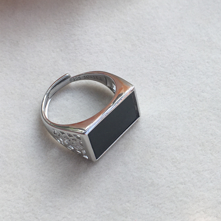 四会缅甸天然a货墨翠墨玉925纯银镶嵌马鞍方型翡翠玉戒指男士款