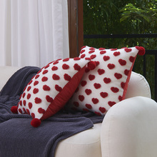 夏季新款客厅沙发毛绒简约风红色立体爱心抱枕套球球靠枕套靠垫套