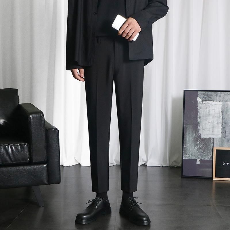 Black plus Velvet Small Suit Pants Men's Autumn and Winter Ankle-Length Slim-Fit Straight Casual Pants Men's Advanced Draped Suit Pants