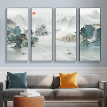 新中式客厅装饰画流水生财沙发背景墙办公室禅意水墨四联山水挂画