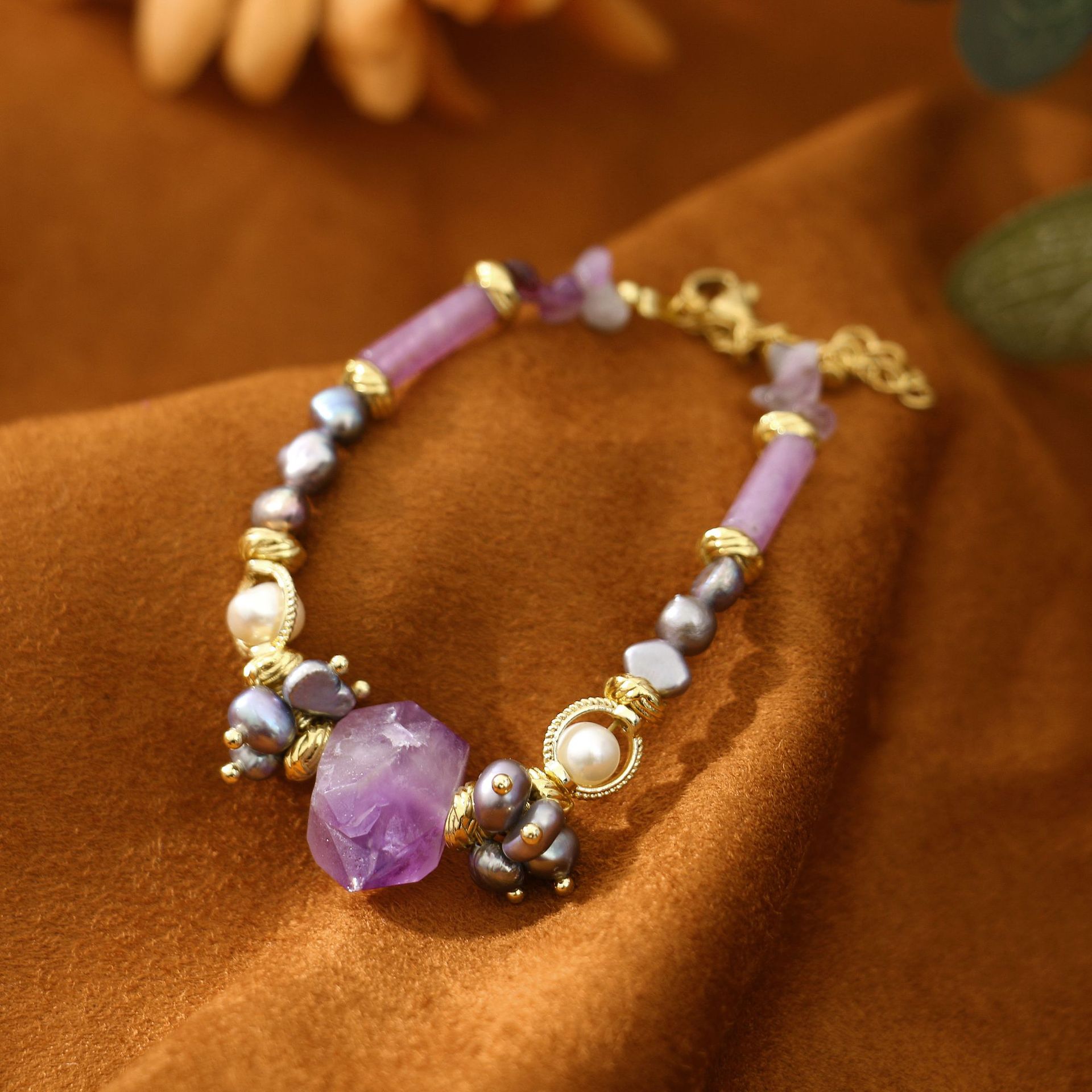 Gray Pearl Amethyst Baroque All-Match Bracelet Niche Design Light Luxury Bracelet Girlfriends Student Jewelry