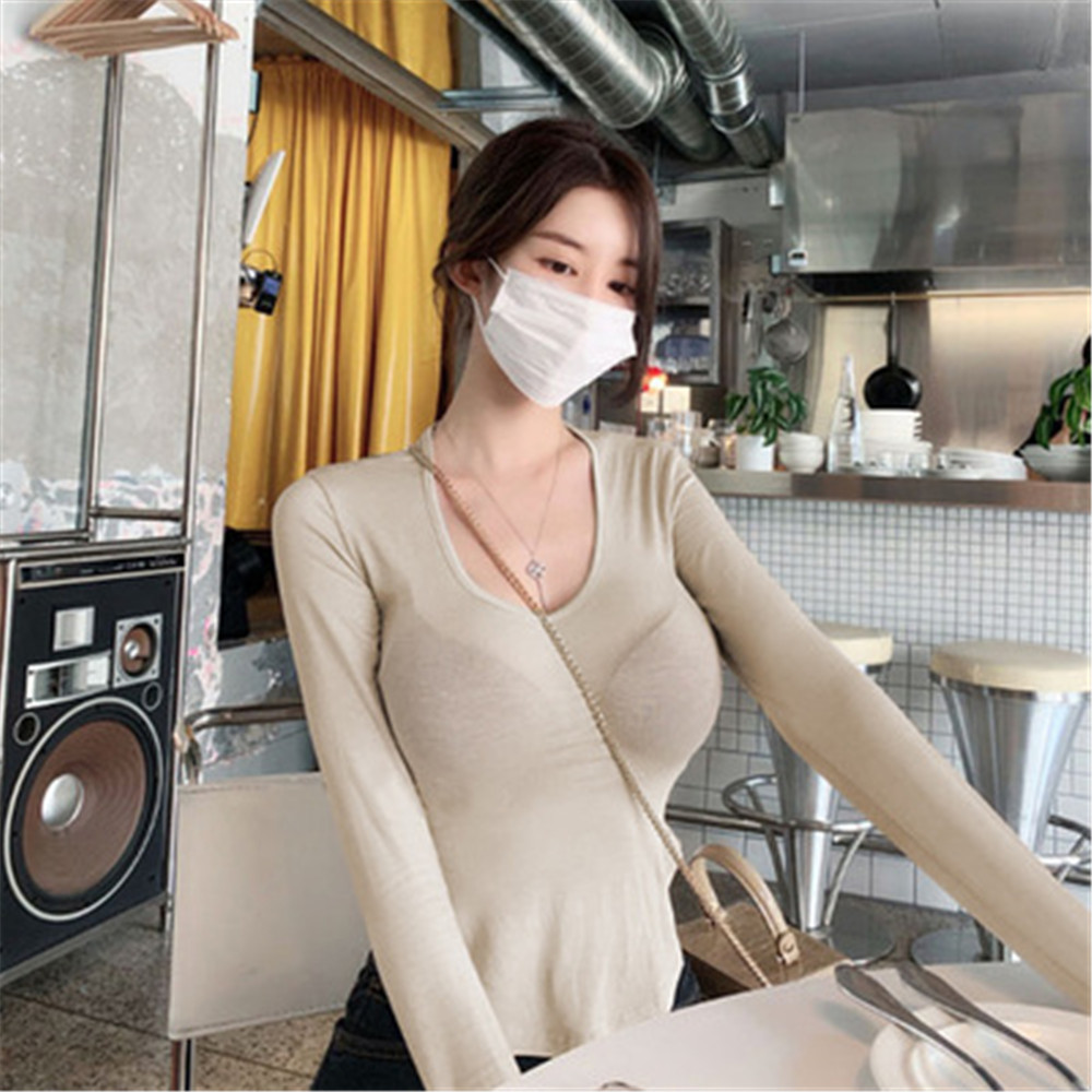 韩版修身女装性感微透显胸上衣女弧形下摆紧身长袖t恤秋季打底衫