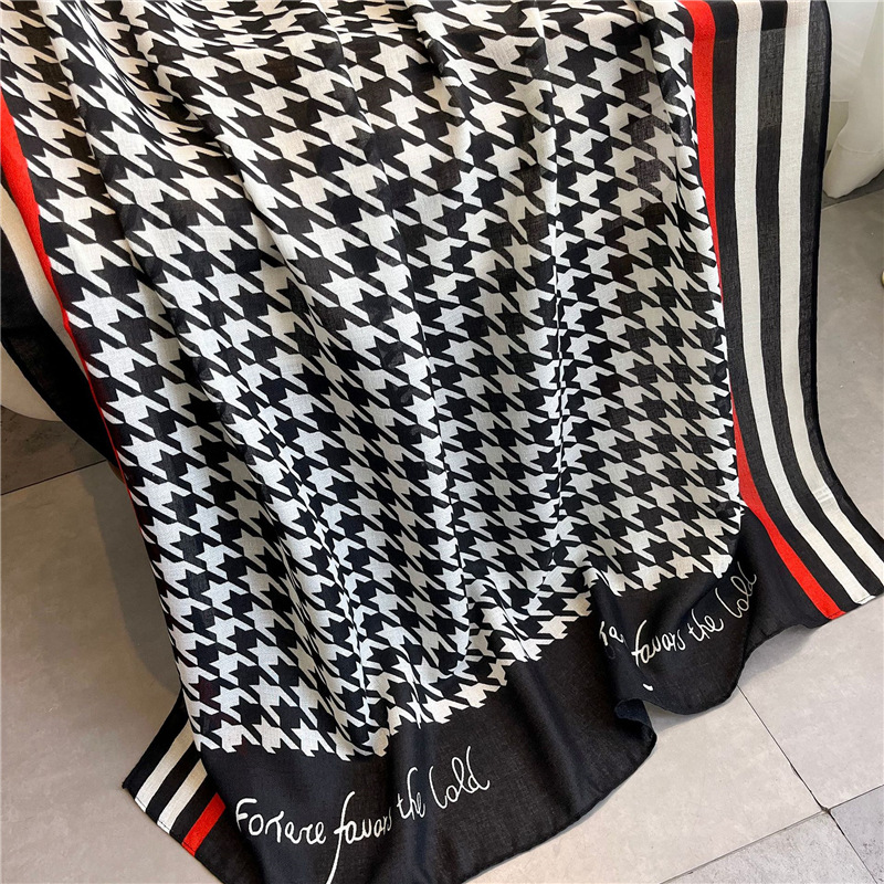 Korean Style Houndstooth Scarf Summer Thin Type Sunscreen Shawl Outer Match Silk Scarf Women's All-Match Seaside Scarf Beach Towel