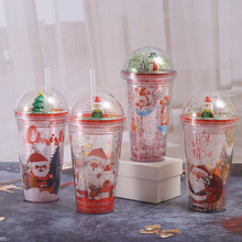 圣诞老人卡通便携塑料杯双层微景观创意冰杯夏日制冷果汁水杯现货