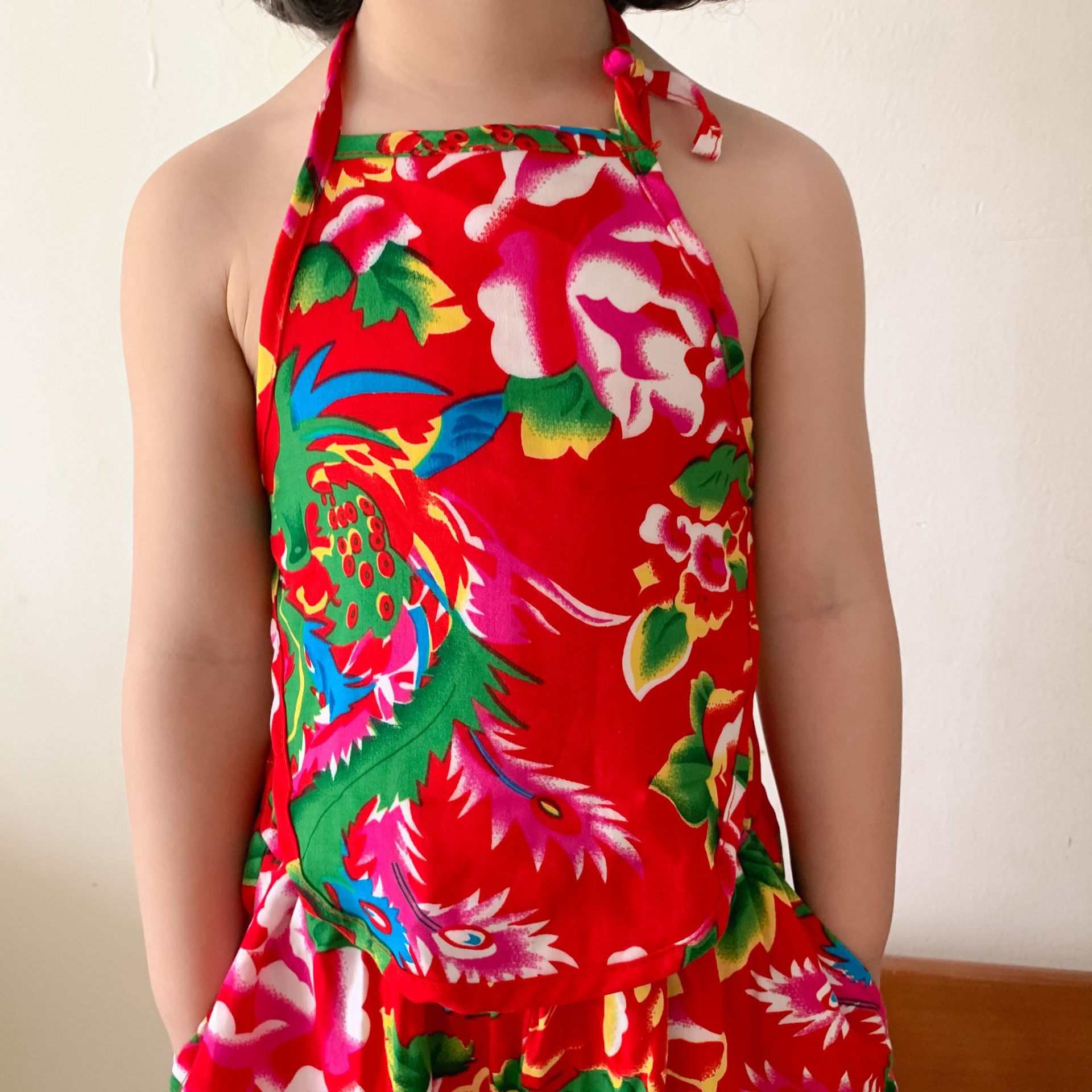 夏季儿童网红东北大花人棉肚兜套装男女童宝宝表演服幼儿园演出服