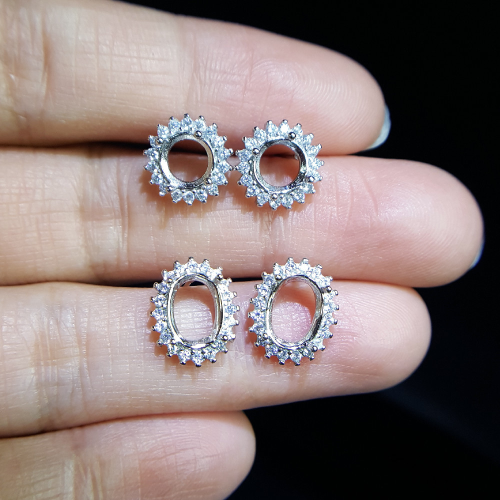 s925银戴妃款耳钉空托 蛋面切面一围钻耳环3456789mm diy配托镶嵌