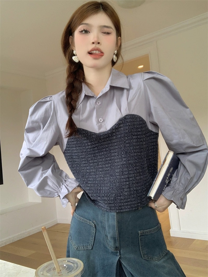 假二件拼接衬衫长袖针织衫春季新款设计感小众撞色修身显瘦上衣女