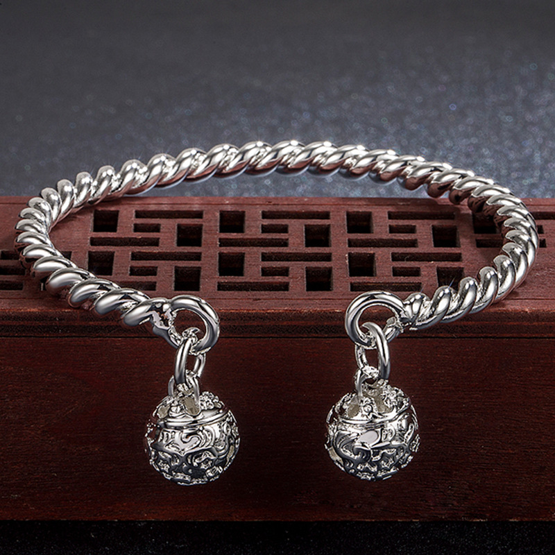 镀银一步一响扭线双宫铃手镯 一步一想铃铛银手镯 抖音直播礼物