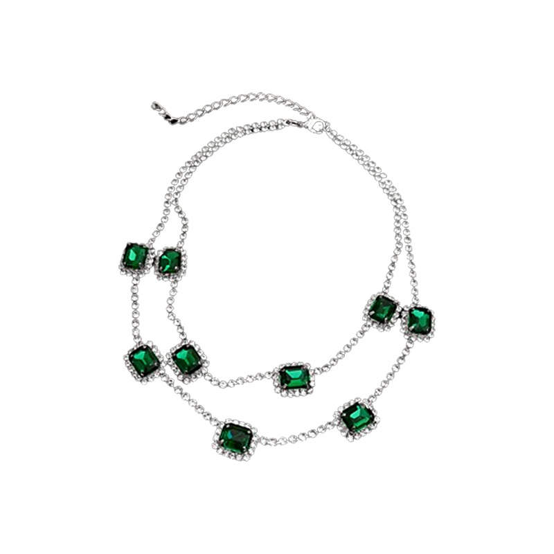 Silver Needle Emerald Rhinestone Zircon Water Drop Tassel Earrings Court Style Earrings French Entry Lux High-Grade Earrings for Women