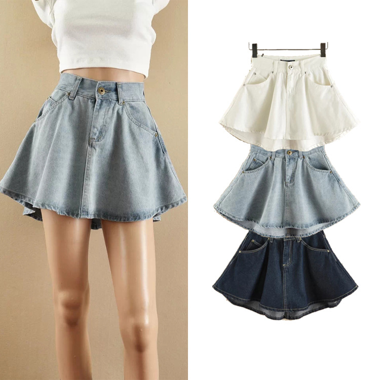 新款气质通勤淑女风高腰显腿长喇叭裙夏季女式纯色水洗拼接半裙