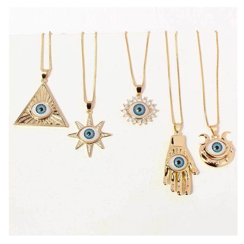 欧美跨境饰品 铜镶锆石恶魔之眼佛掌三角形吊坠项链 项饰19030