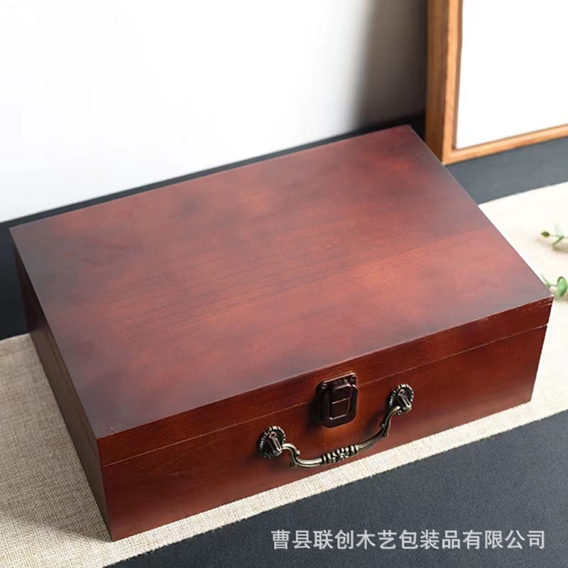 Wooden Souvenir Collection Box Gift Box with Lock Desktop Storage Box Square Belt Handle Solid Wood Storage Box