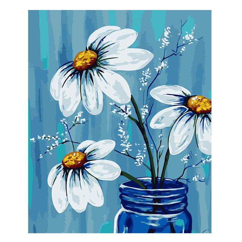 厂家批发数字油画跨境货源40*50无框蓝花瓶手绘装饰画可来图