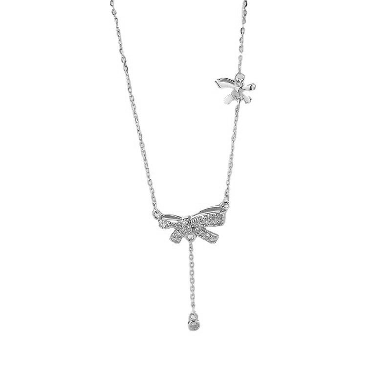 S925 Sterling Silver Bow Necklace Super Fairy Girl Style Diamond Shiny Sweet Clavicle Chain Summer Versatile Necklace