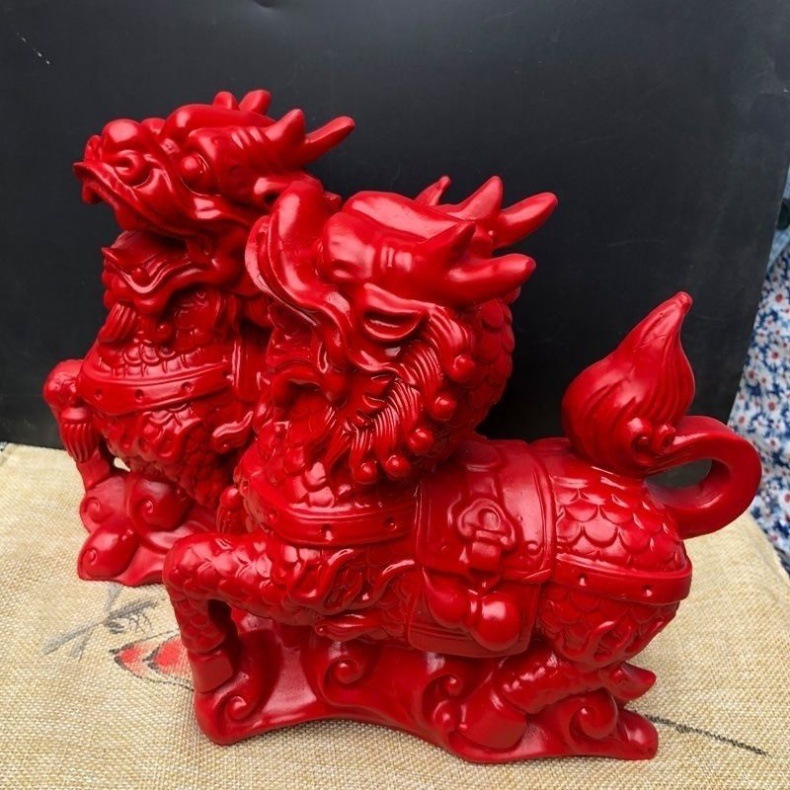 开运天然朱砂红麒麟摆件 招财纳福开运送子麒麟摆设一对家居风水