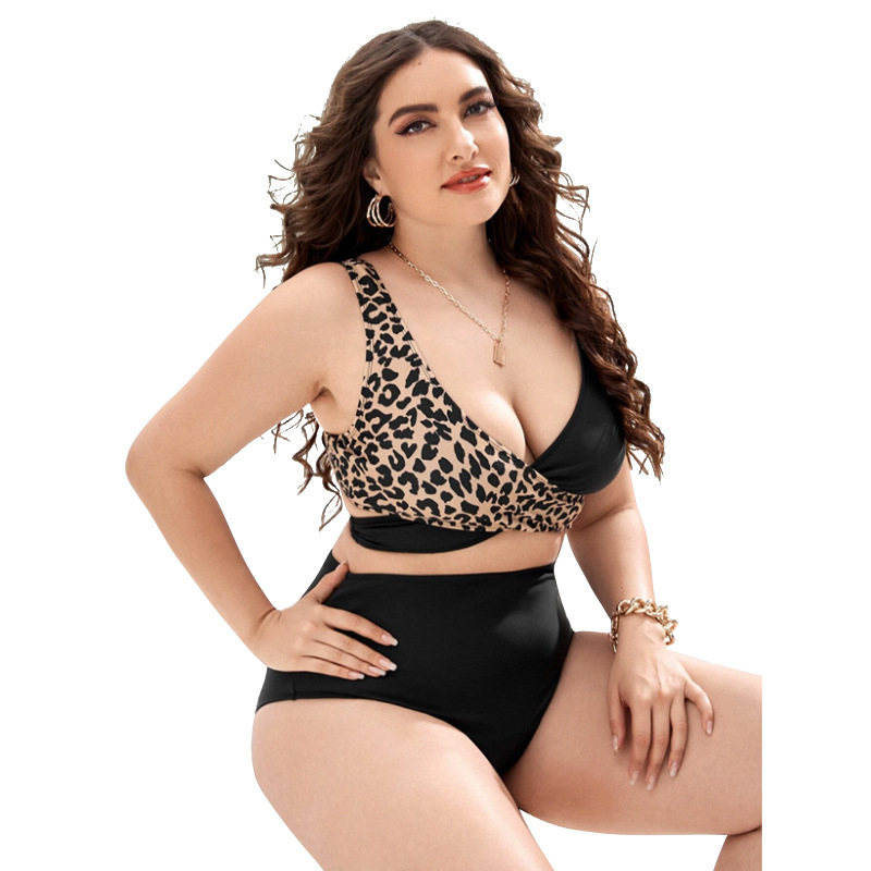 2021新款外贸欧美大码bikini比基尼肥婆女士泳衣豹纹交叉绑带泳装