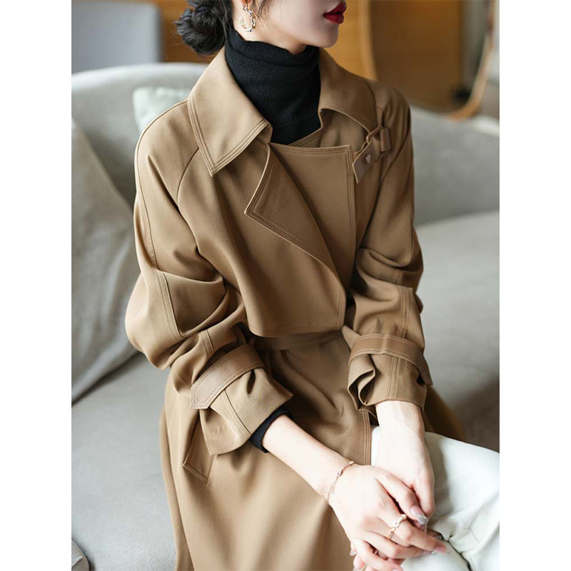 高级感真皮袖袢气质风衣 中长款外套女装 秋季韩版经典款休闲垂坠