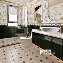 网红法式淋浴间黑白卫生间壁纸花砖复古柔光瓷砖厕所墙砖浴室地砖