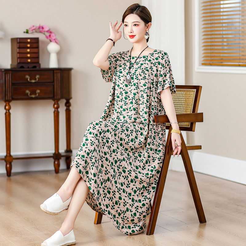 大码女装200斤胖妈妈夏装棉绸连衣裙宽松遮肚加肥加大绵绸长裙子*
