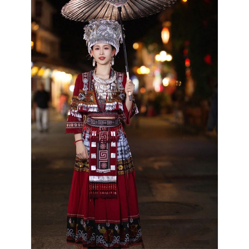 阿卯苗族服装配饰套装土家族少数民族红色舞台演出服旅拍摄影服装