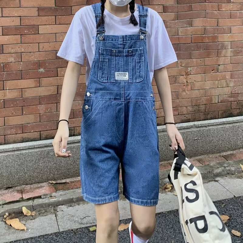 vintage减龄牛仔背带裤女春夏季日系复古宽松小个子五分阔腿短裤