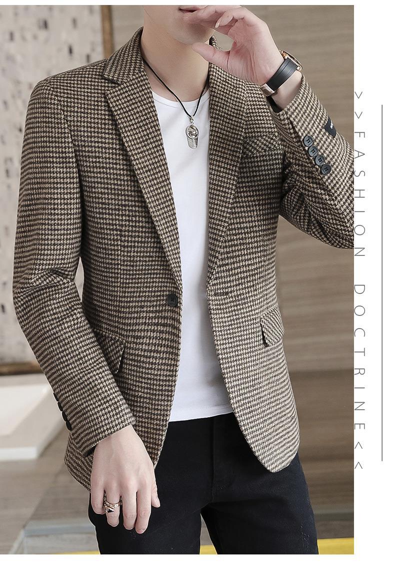 西装男正装千鸟格子韩版潮流修身小西服外套男士帅气休闲单西套装