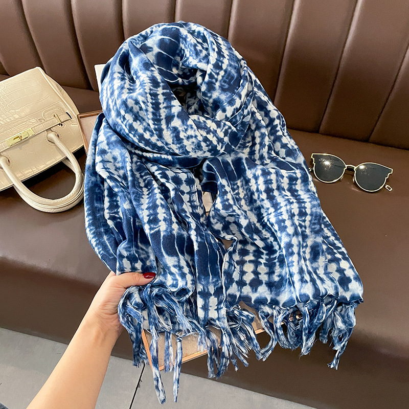 New Spring and Autumn Blue Color Scarf Women's Warm Cotton and Linen Scarf Summer Shawl Seaside Beach Versatile Sunscreen Scarf