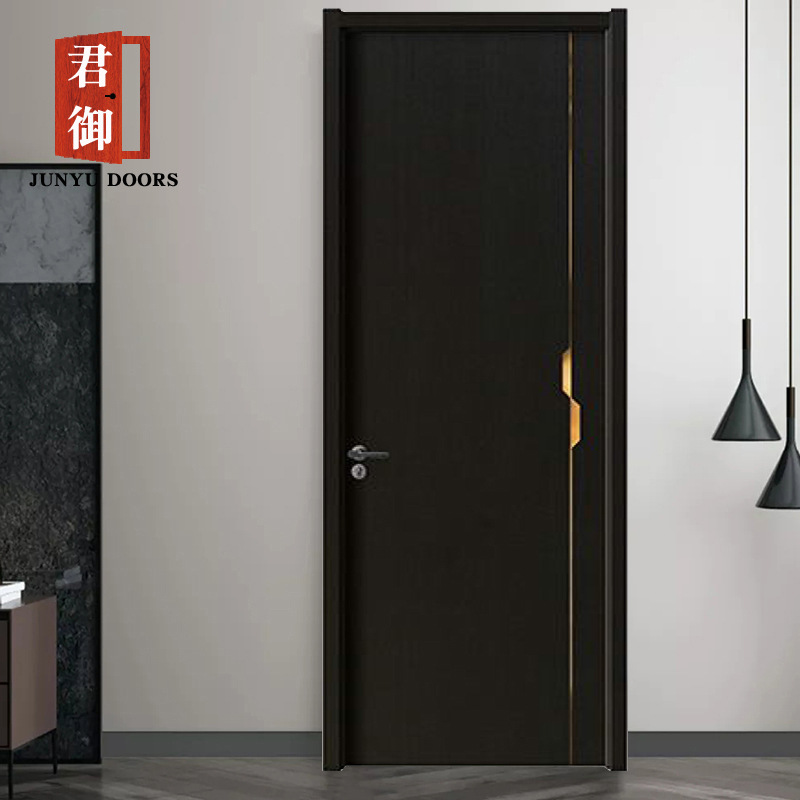 白色简约实木复合免漆生态木门黑色线条实木门框批发出口工程