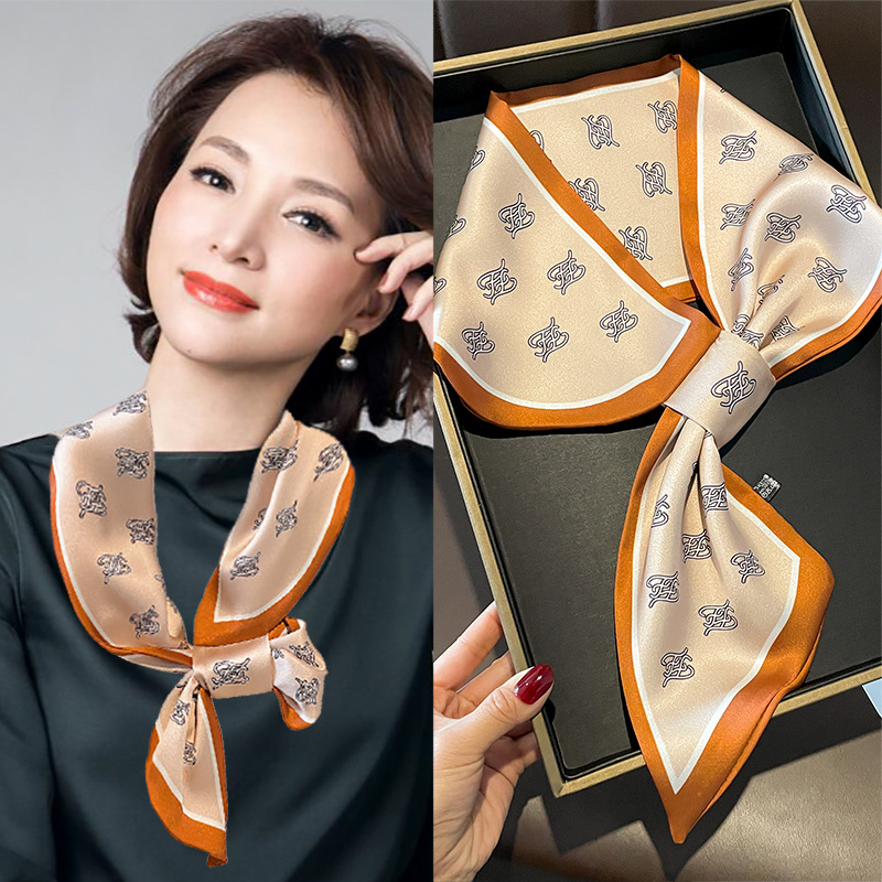 Korean Houndstooth Spring and Summer Artificial Silk Double-Layer Satin Lazy Cross Bevel Scarf Women's Small Ear Scarf All-Matching