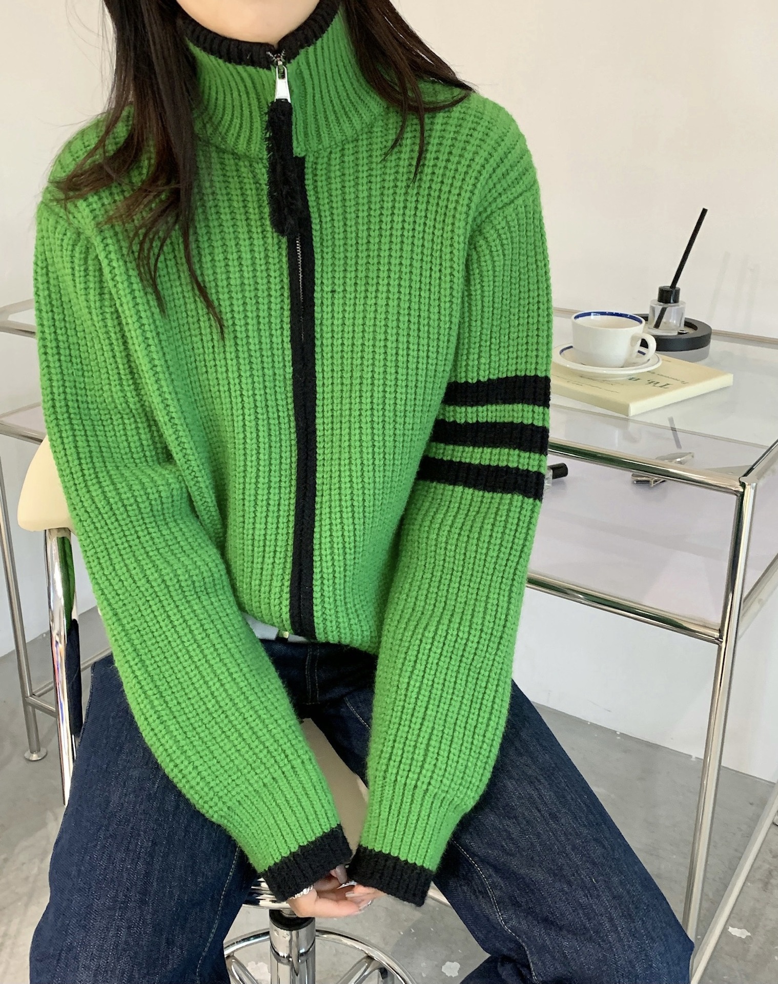 网红拼色双拉链绿色毛衣外套女2022年秋冬新款加厚针织衫上衣立领