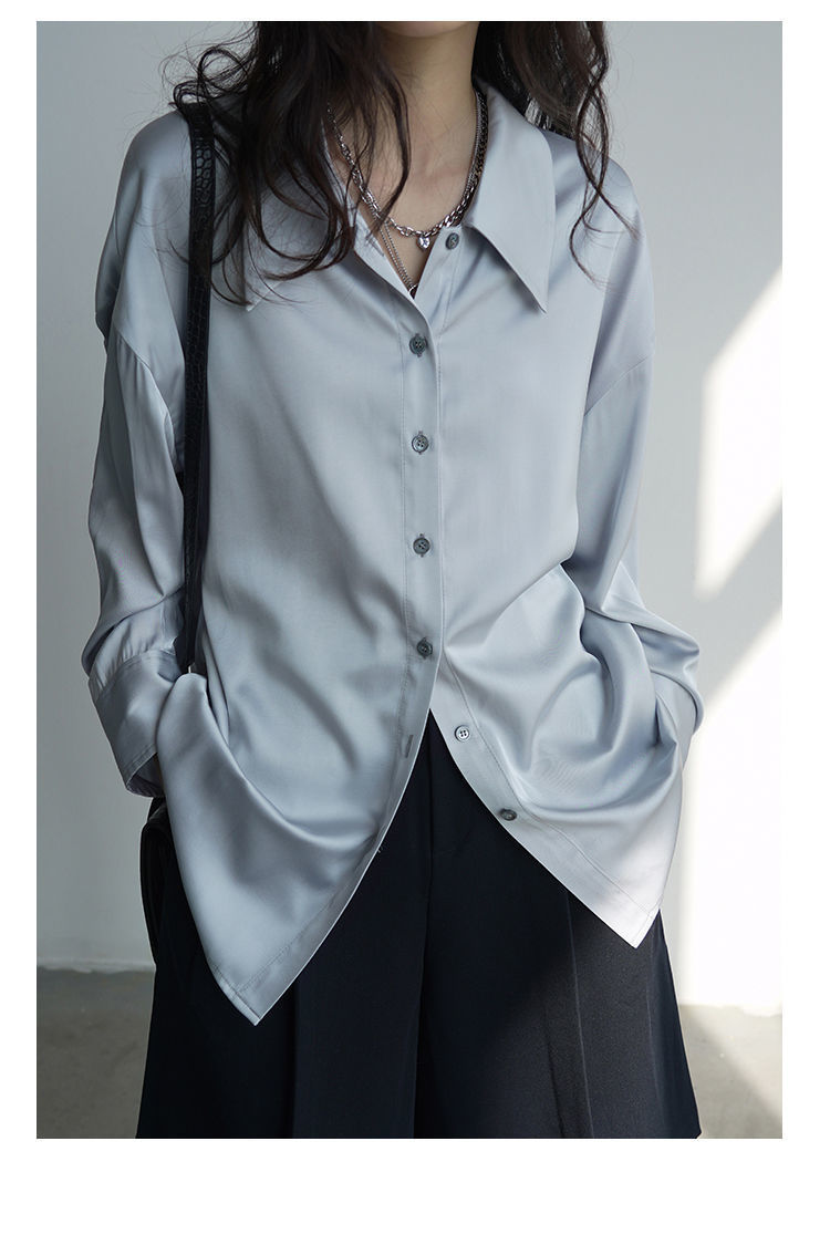 chicven「浮世浪漫」法式高级感宽松缎面尖领纯色衬衫女衬衣早春