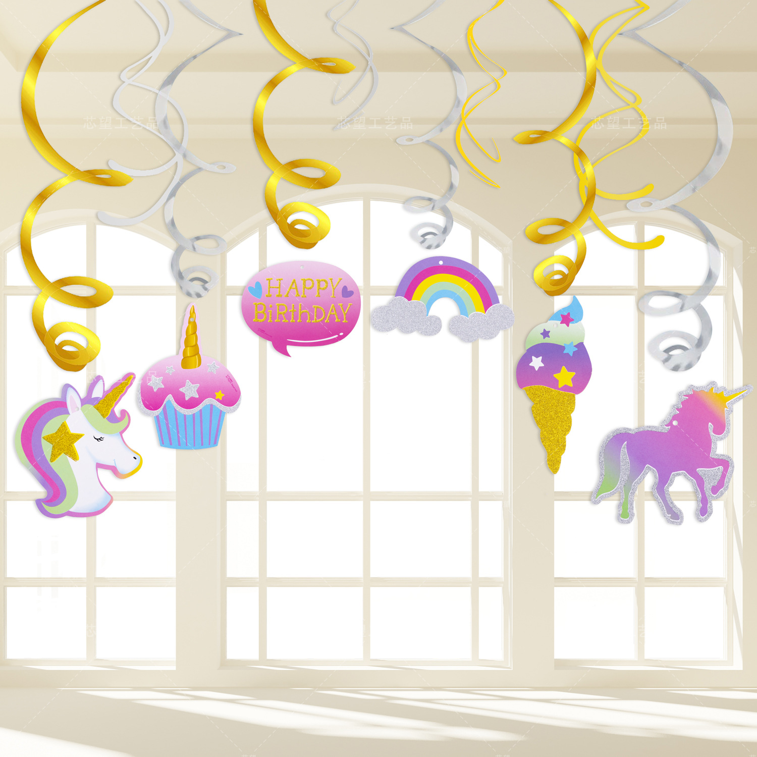 跨境独角兽主题螺旋挂饰 Unicorn儿童生日派对天花板墙面吊饰装饰