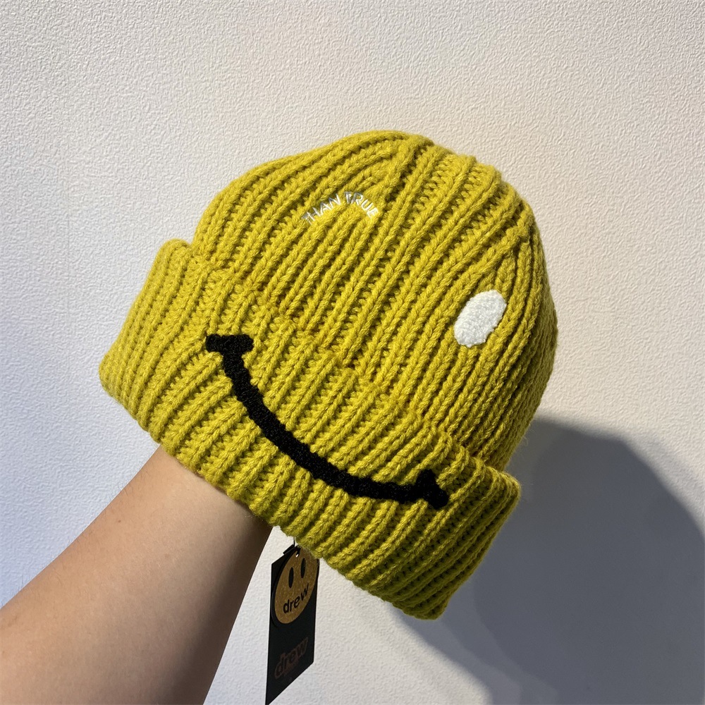 drew笑脸针织帽秋冬加绒加厚护耳大帽子潮牌同款毛线帽刺绣冷帽女