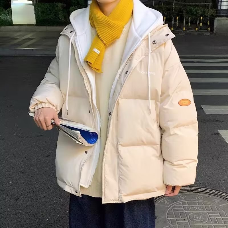 Fake Two-Piece Cotton-Padded Clothes Boys Fashion Brand Youth Stitching Korean Fashion Winter Thickened Padded Jacket Hooded Cotton Coat